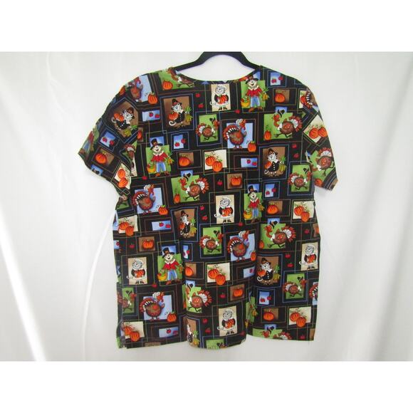 Scrub Wear Women’s L Thanksgiving Scrub Top Turkeys Pumpkins Fall Harvest Autumn - Picture 1 of 4